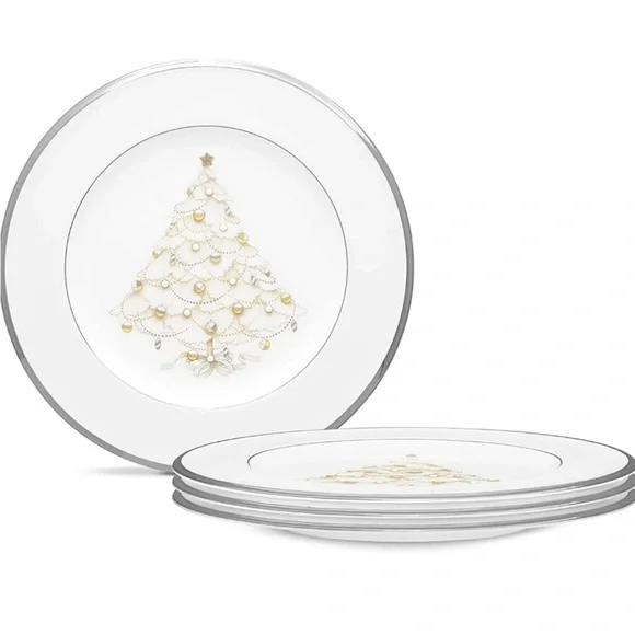 Set of 4 $280 Noritake Bone China Palace Christmas Platinum 4781 salad plates - Picture 2 of 10